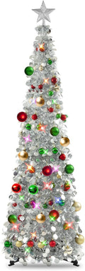 Pop up Christmas Tree with Lights & 30 Balls, 5Ft Collapsible Silver Tinsel Christmas Tree Decoration for Holiday Home Office Decor