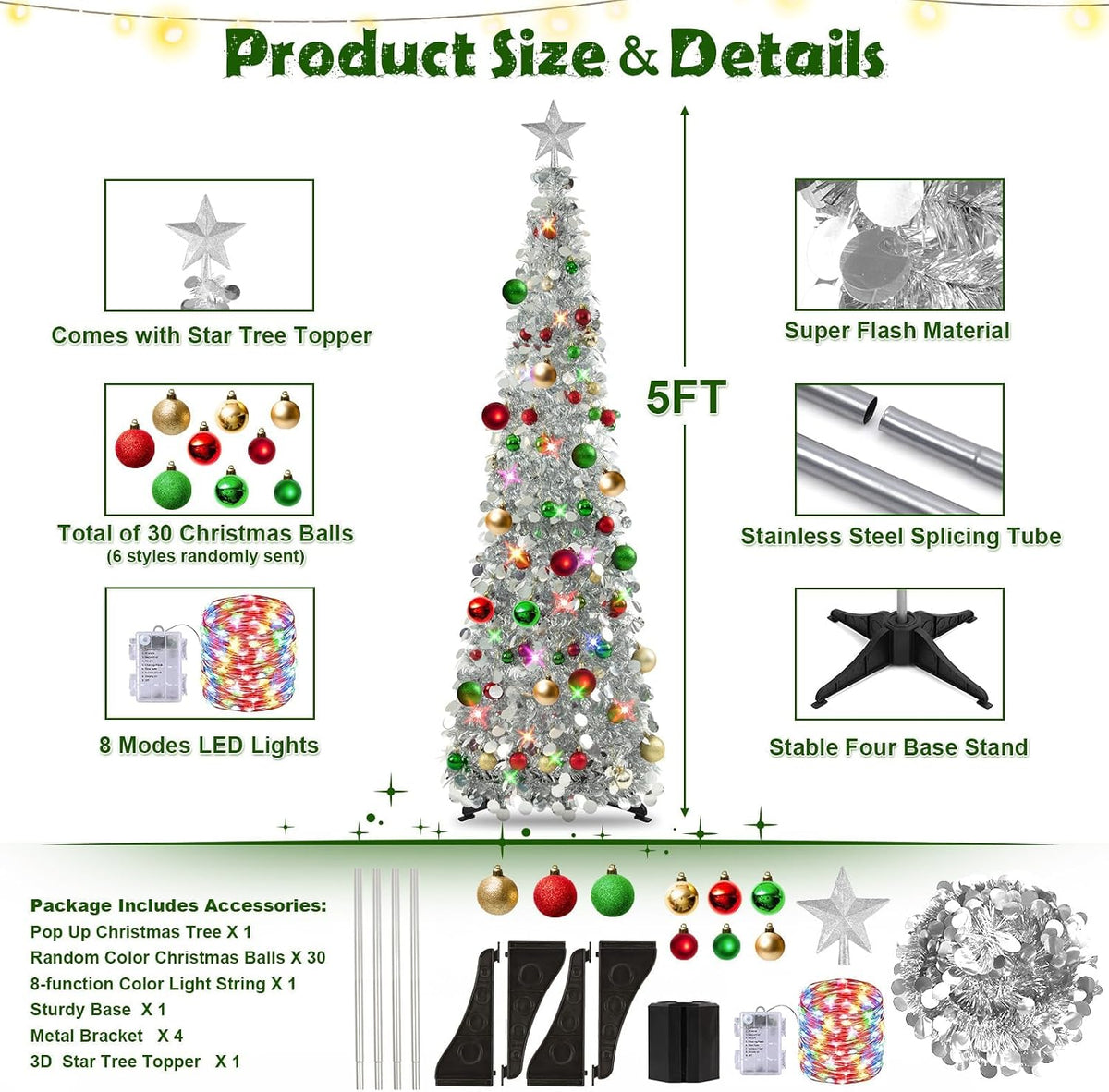 Pop up Christmas Tree with Lights & 30 Balls, 5Ft Collapsible Silver Tinsel Christmas Tree Decoration for Holiday Home Office Decor