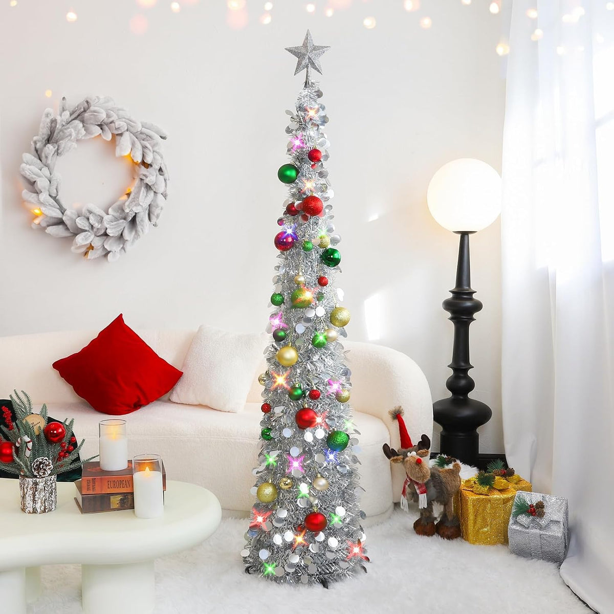 Pop up Christmas Tree with Lights & 30 Balls, 5Ft Collapsible Silver Tinsel Christmas Tree Decoration for Holiday Home Office Decor