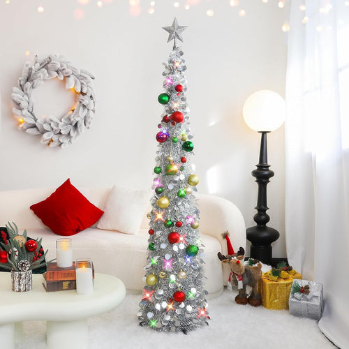 Pop up Christmas Tree with Lights & 30 Balls, 5Ft Collapsible Silver Tinsel Christmas Tree Decoration for Holiday Home Office Decor