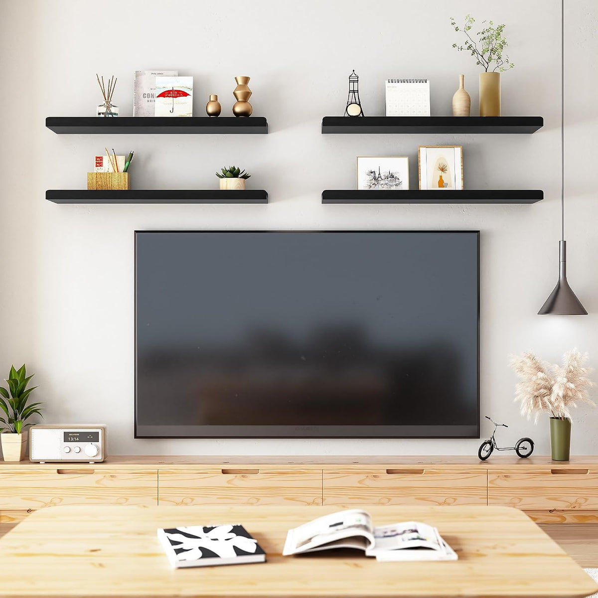 Set of 4 Solid Wood 24" Black Floating Wall Shelves with Lip