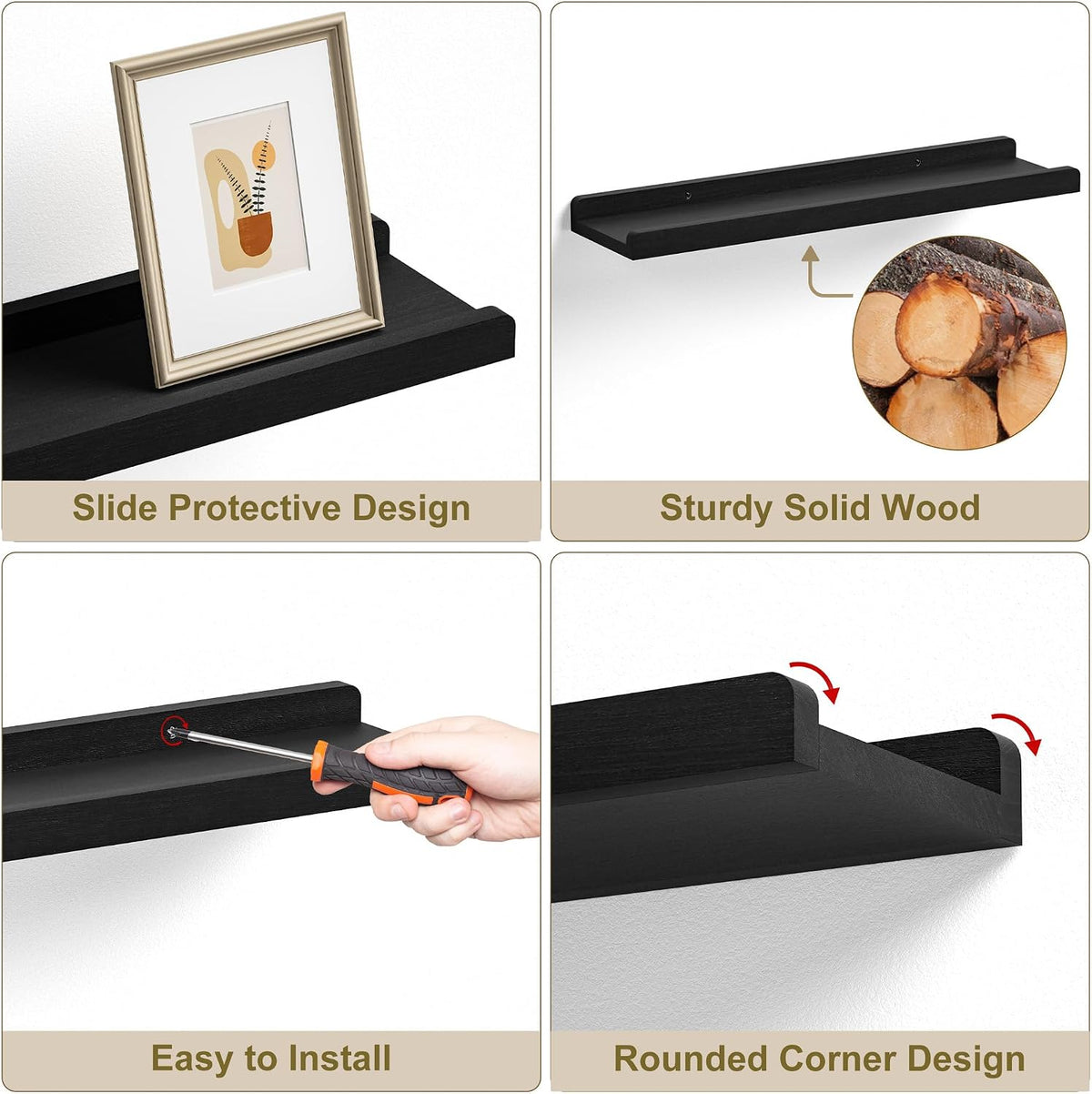 Set of 4 Solid Wood 24" Black Floating Wall Shelves with Lip