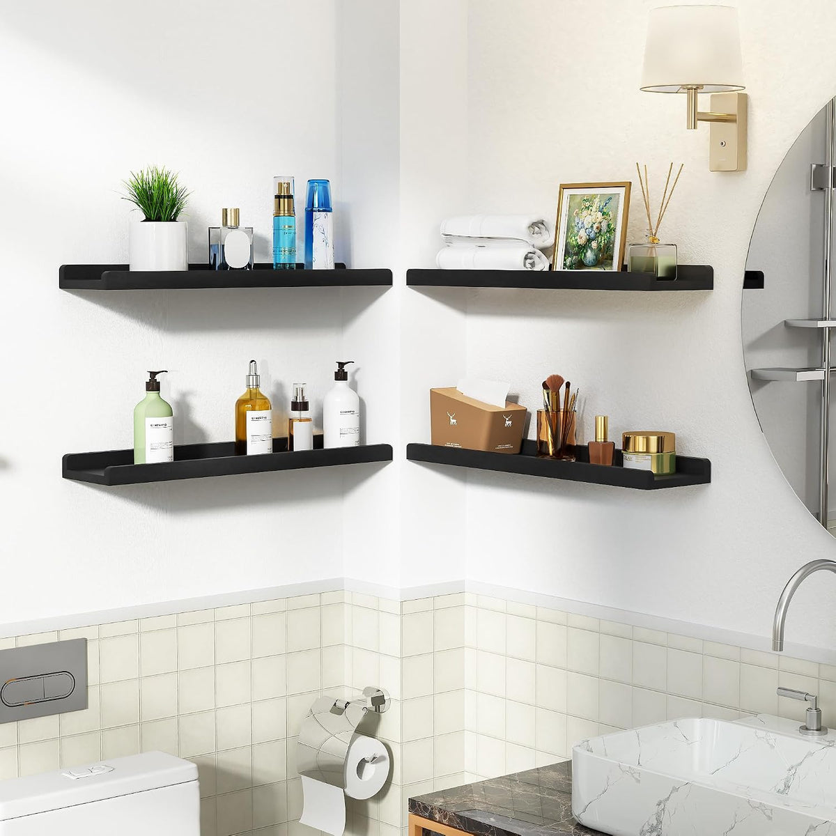 Set of 4 Solid Wood 24" Black Floating Wall Shelves with Lip