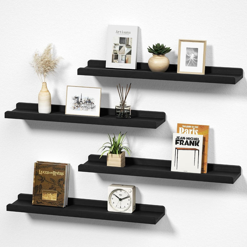 Set of 4 Solid Wood 24" Black Floating Wall Shelves with Lip