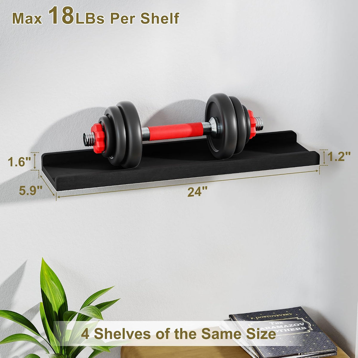 Set of 4 Solid Wood 24" Black Floating Wall Shelves with Lip