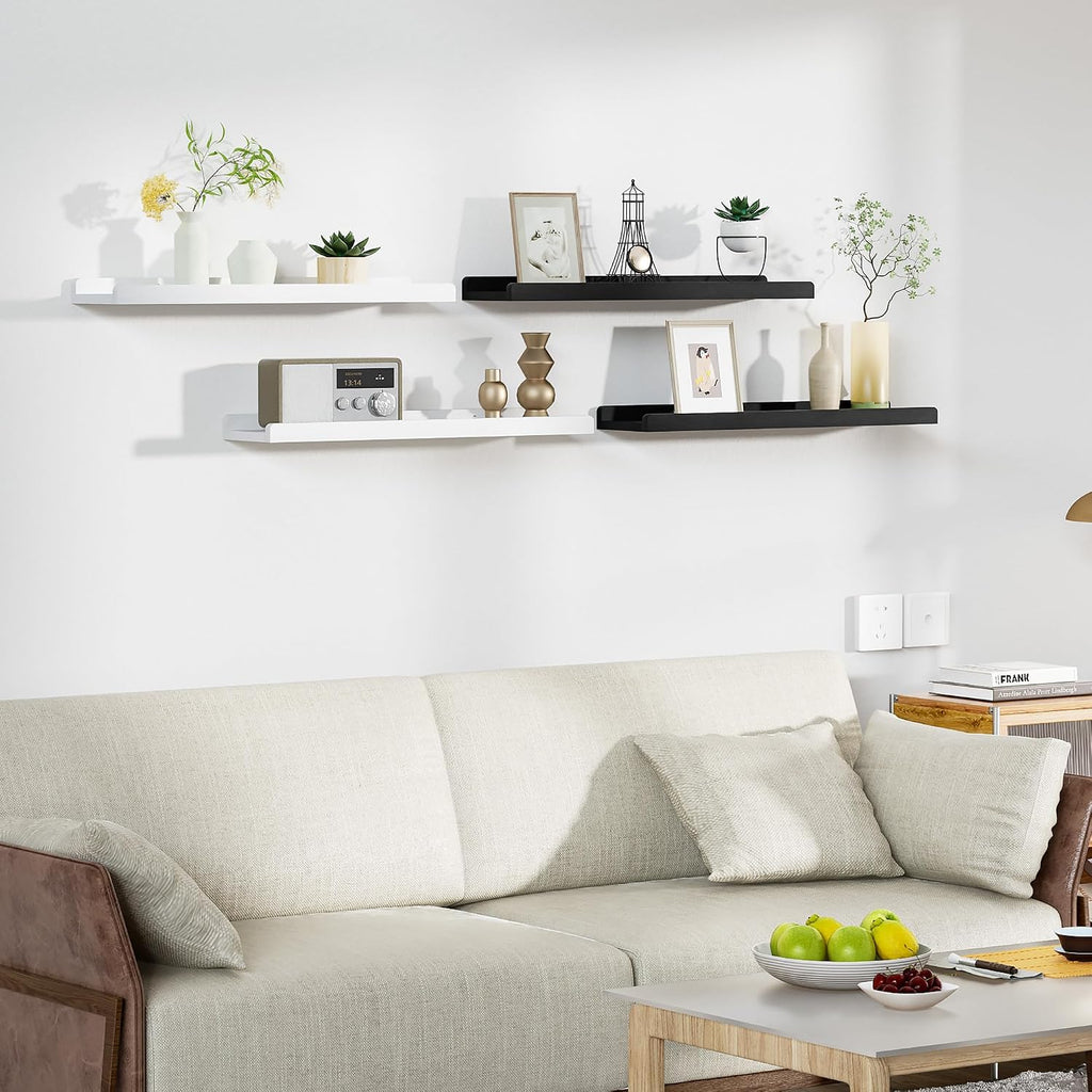 Set of 4 Solid Wood 24" Black Floating Wall Shelves with Lip