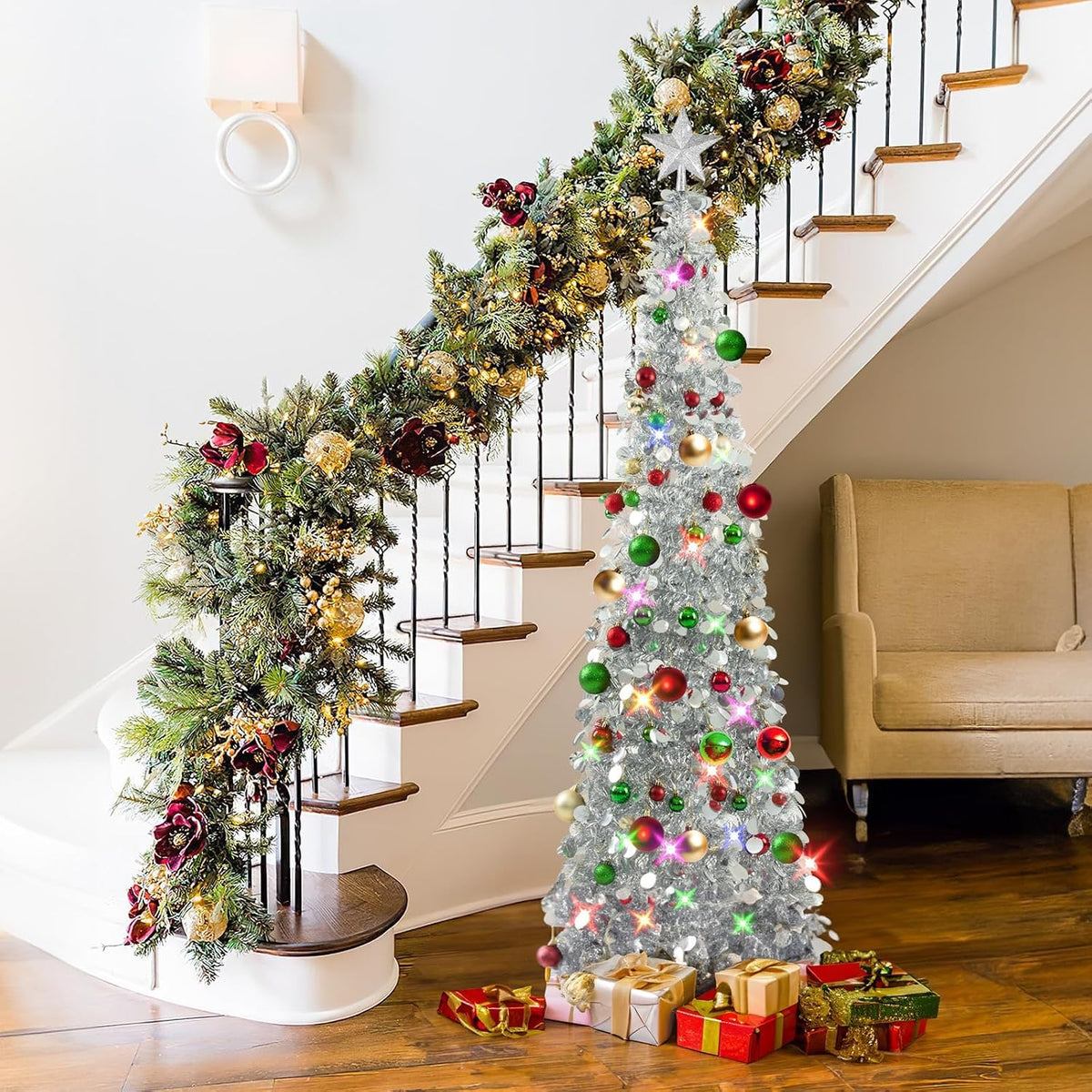 Pop up Christmas Tree with Lights & 30 Balls, 5Ft Collapsible Silver Tinsel Christmas Tree Decoration for Holiday Home Office Decor