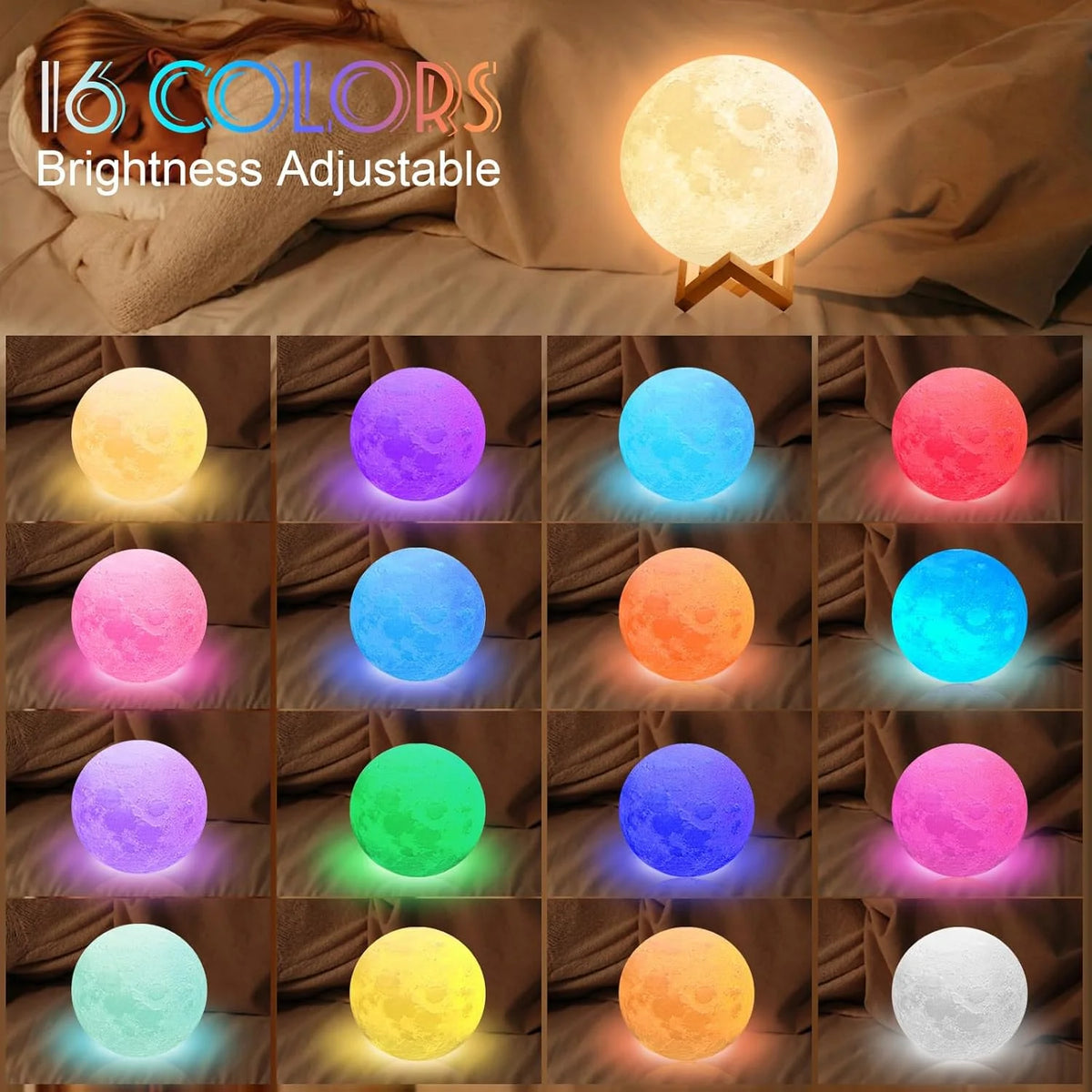 Moonlight Night Light for Kids Adults, 4Inch/3D Printing Moon Lamp Night Lamp for Bedroom Decor, 16 Color Moon Decor for Kids Bedroom Decor